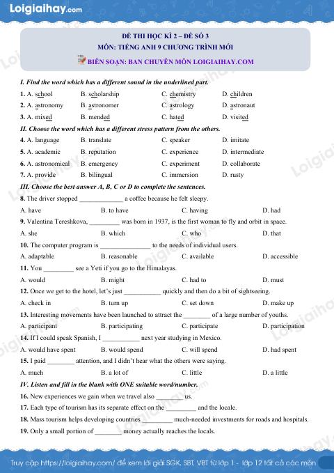 Đề số 3 - Đề kiểm tra học kỳ 2 - Tiếng Anh 9 mới